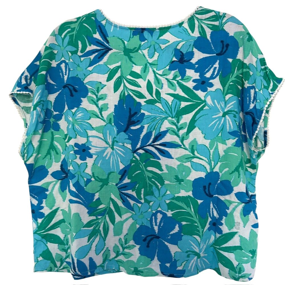 Emily Daniels Size XL Linen Blend Blue Floral Short Sleeve Blouse Tropical Beach - Picture 2 of 5